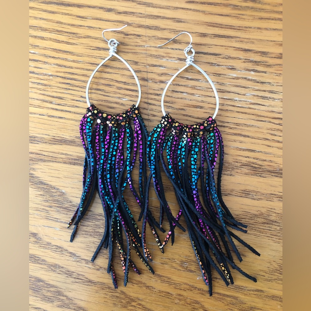 Sparkly Black Leather Earrings Dangle Multicolored - Sterling Silver